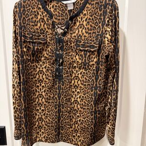 Leopard print lace up blouse with grommets size L